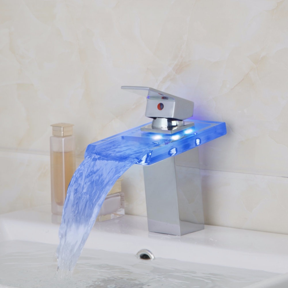 Fontana 7" Bend Glass LED Bathroom Sink Faucet Single lever Brass Chrome Finish